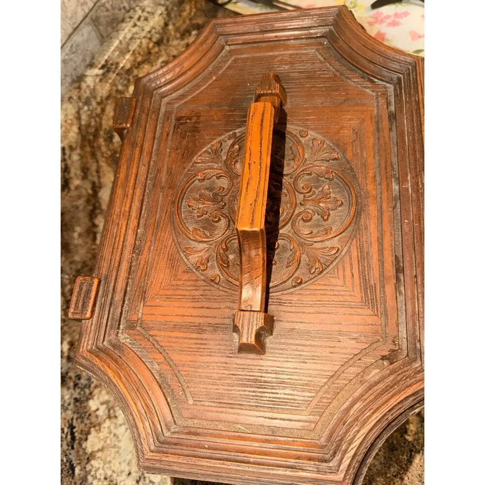 Vintage sewing basket plastic ornate faux wood